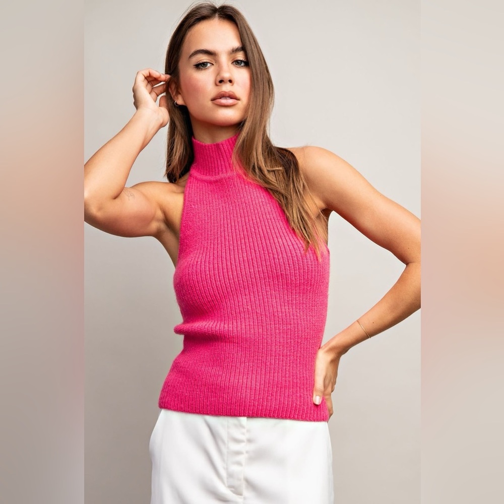 Sleeveless Turtle Neck Halter Sweater Top with Open Back - eesome